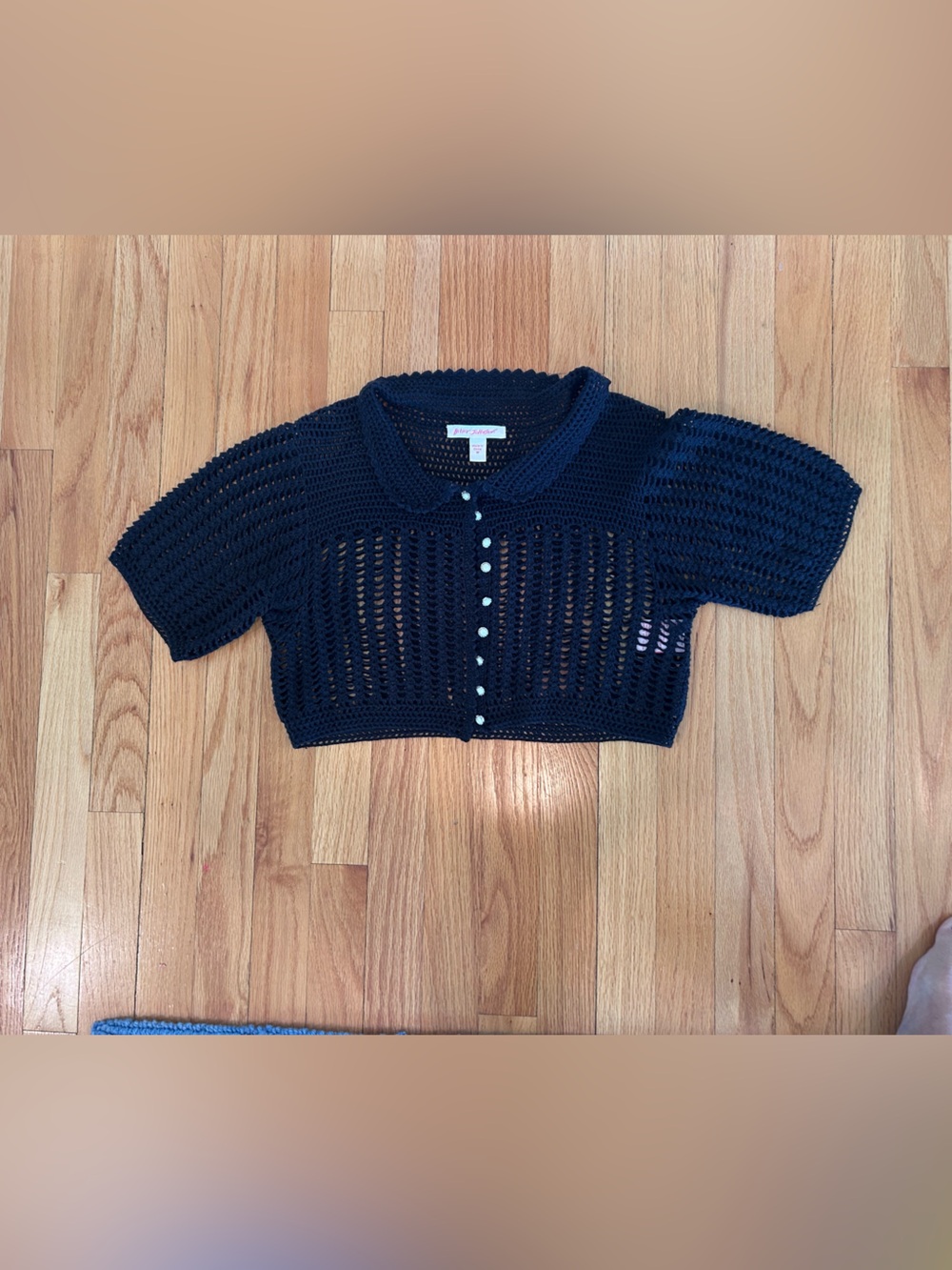Betsey Johnson Black Crochet Short-Sleeve Button Cardigan